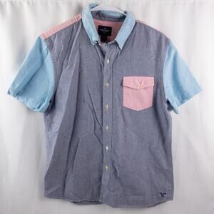 American Eagle Slim Fit Colorblock Pink Blue Button Shirt Mens Medium